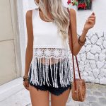 Women's Sleeveless Hollow Tassel Solid Color Round Neck Vest Top
