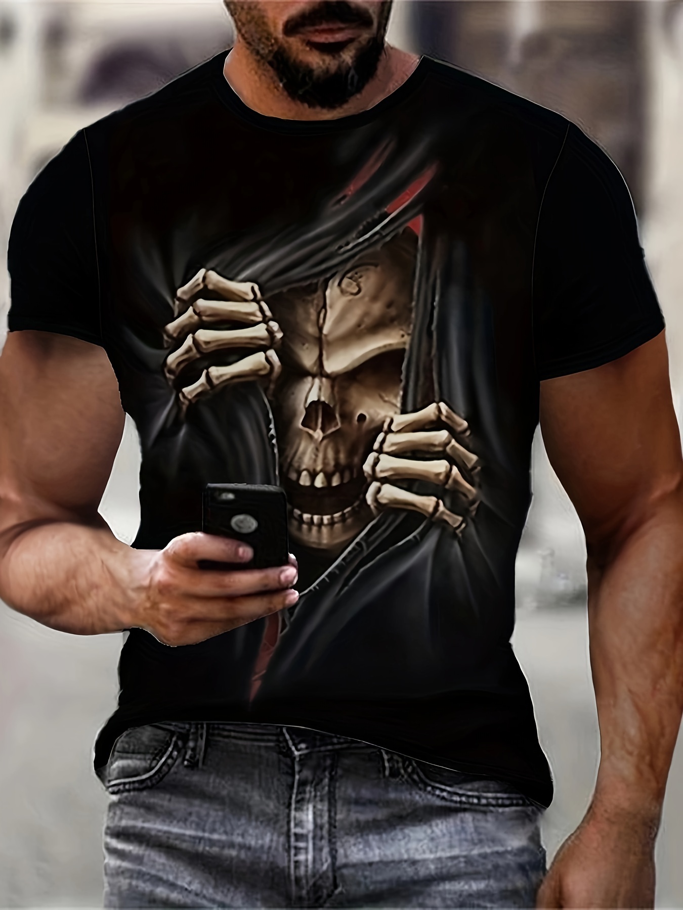 Men's 3D Skull Printed T-shirt - Casual Short Sleeve, Summer Outdoor, Stretch Polyester Blended, Machine Washable - Image 4