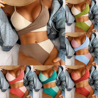 Bikini Patchwork Swimwear Ribbed Women's