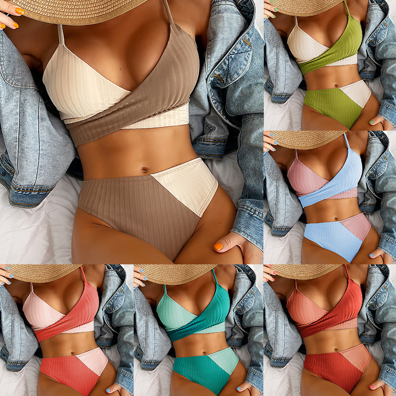 Bikini Patchwork Swimwear Ribbed Women's