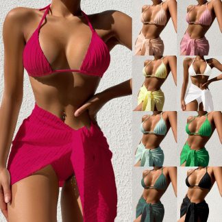 3pcs Halterneck Swimsuit Set Beach Solid Color Sexy Backless Bikini
