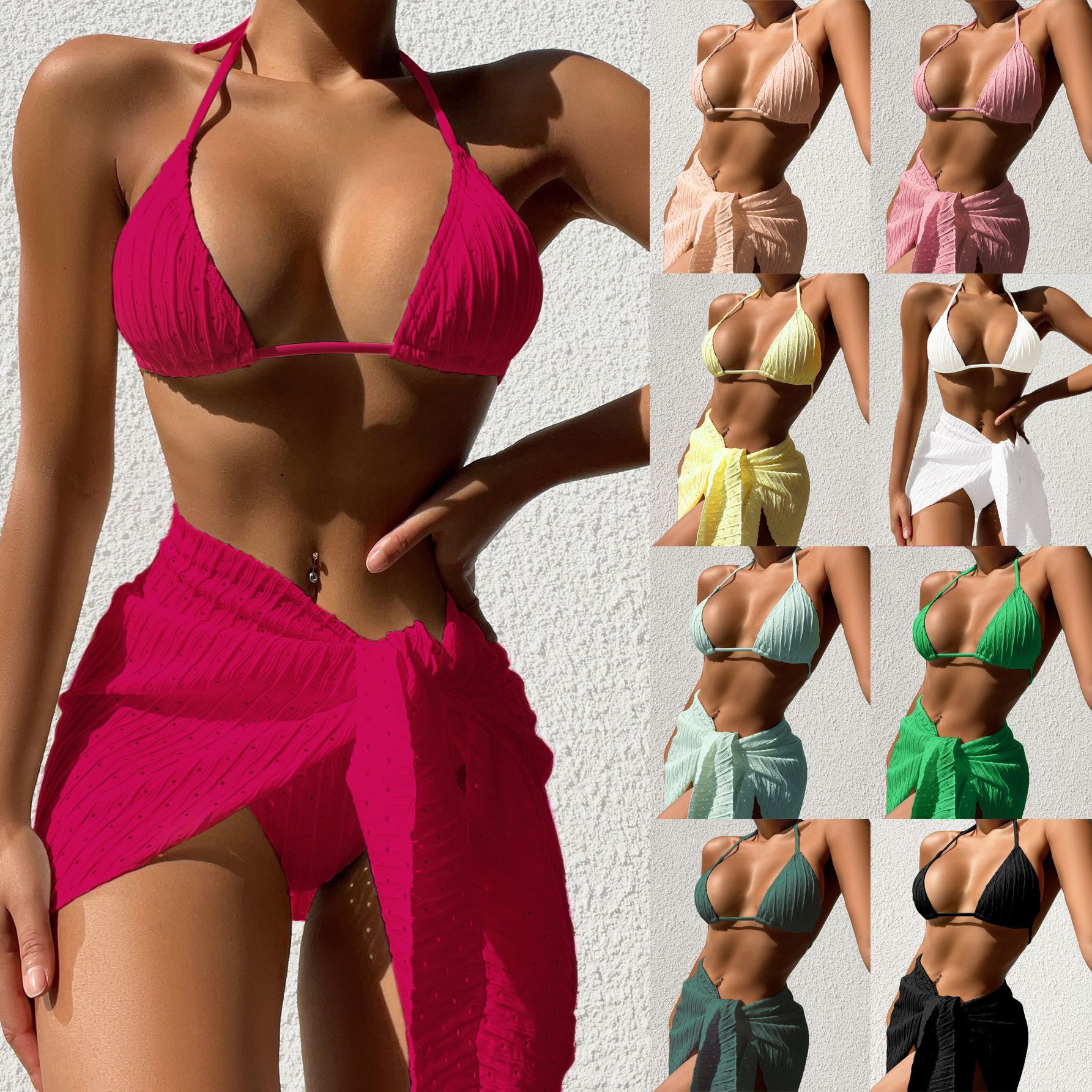 3pcs Halterneck Swimsuit Set Beach Solid Color Sexy Backless Bikini