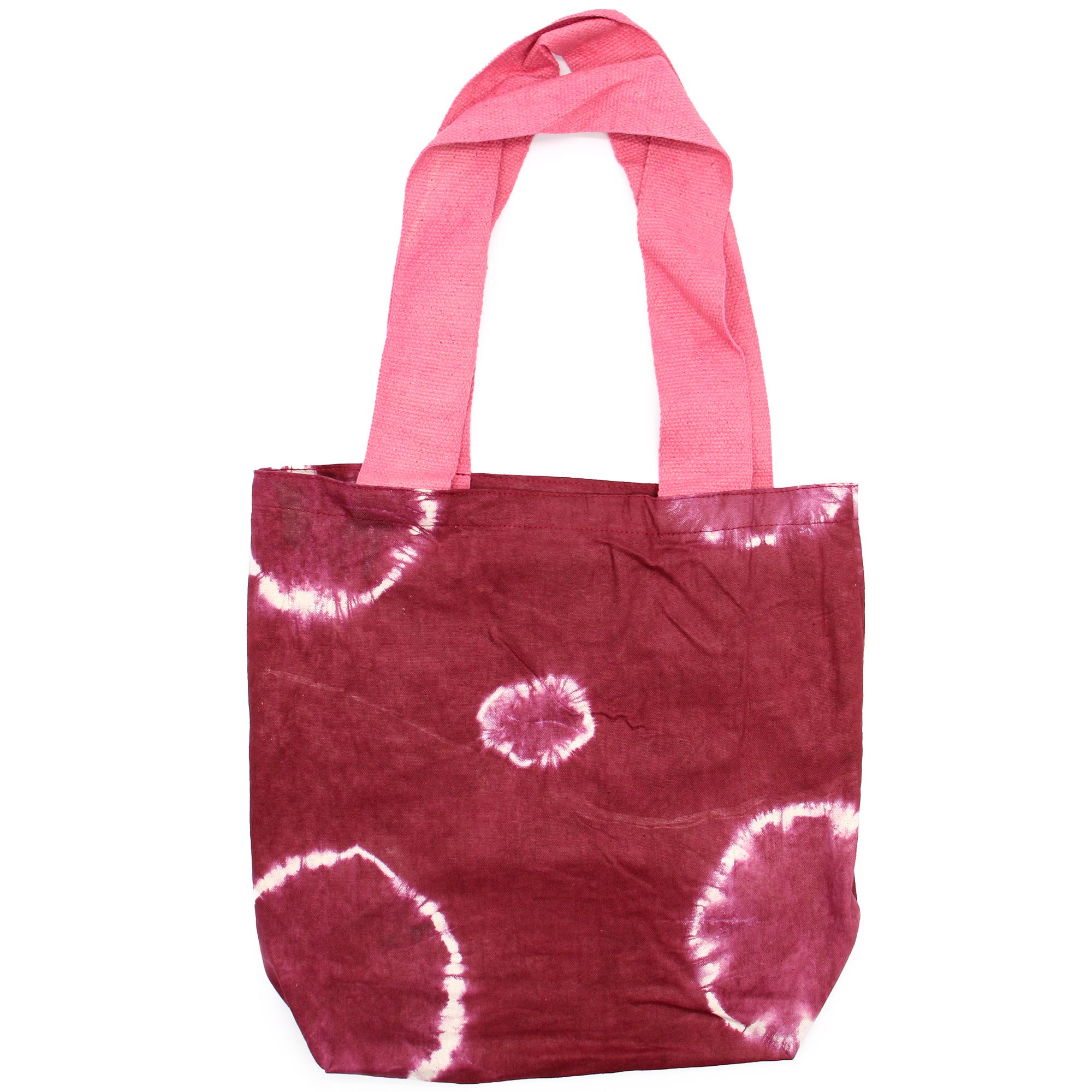 Natural Tye-Dye Cotton Bag (8oz) - 38x42x12cm - Maroon Rings - Pink Handle - Image 5