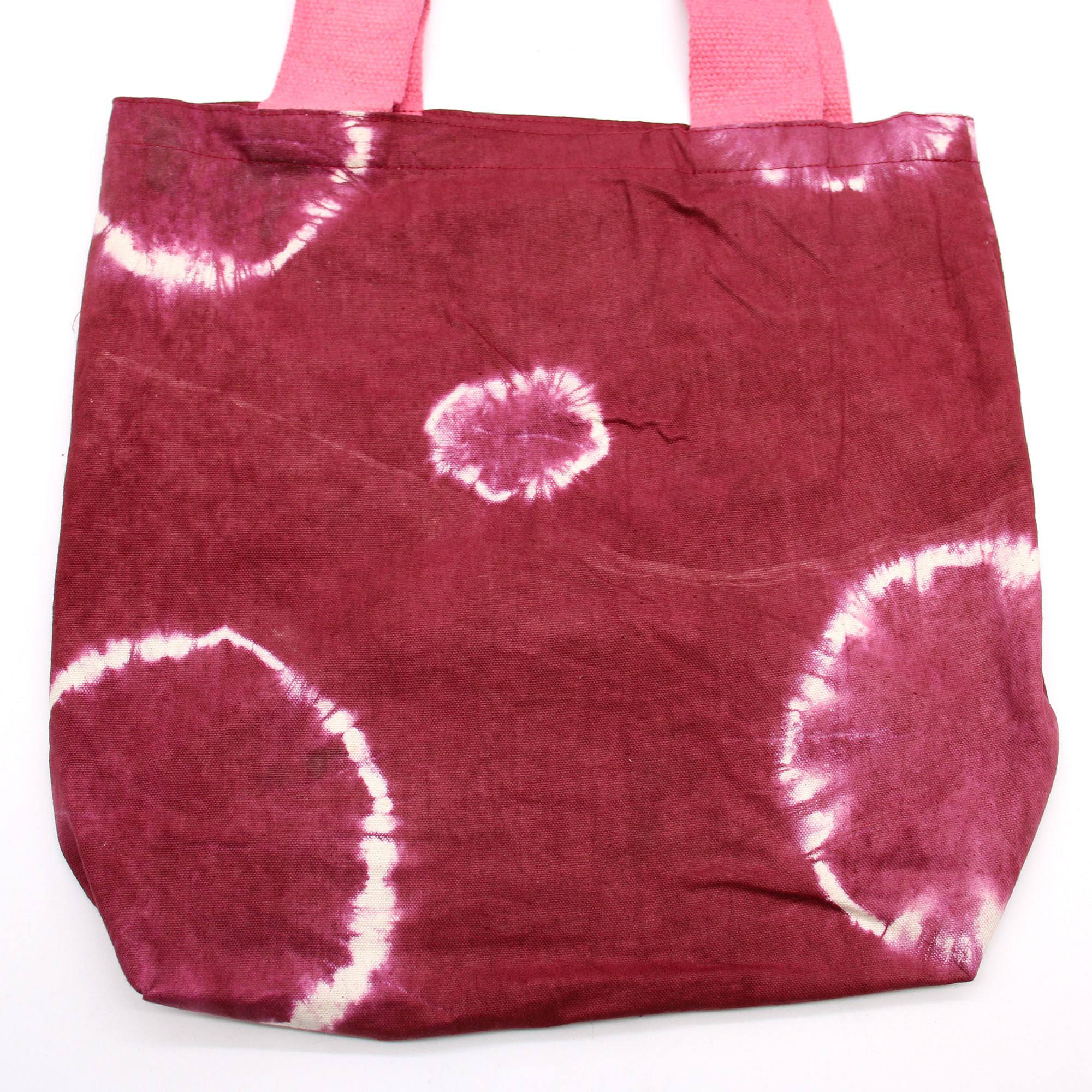 Natural Tye-Dye Cotton Bag (8oz) - 38x42x12cm - Maroon Rings - Pink Handle - Image 2