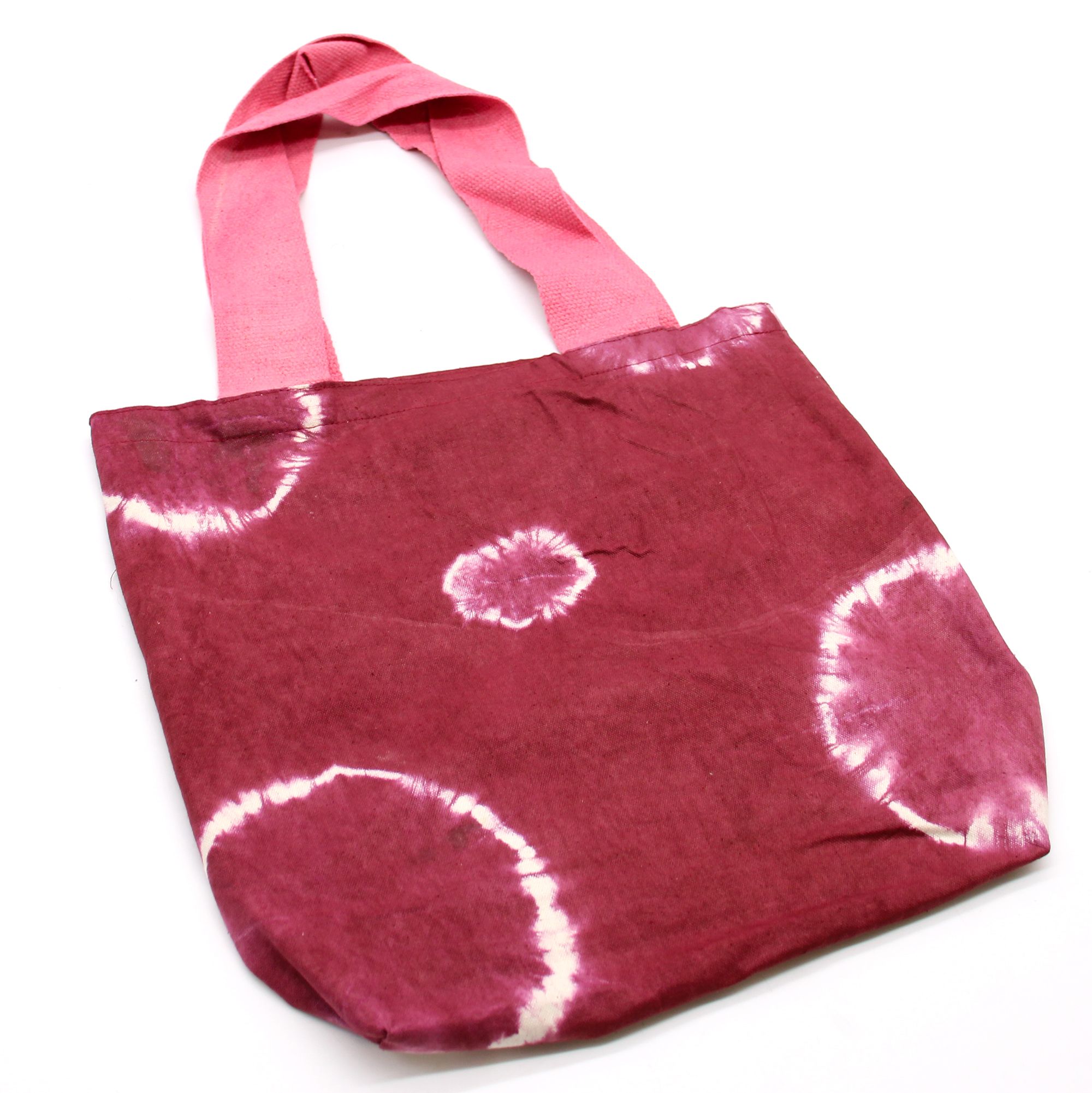 Natural Tye-Dye Cotton Bag (8oz) - 38x42x12cm - Maroon Rings - Pink Handle - Image 3