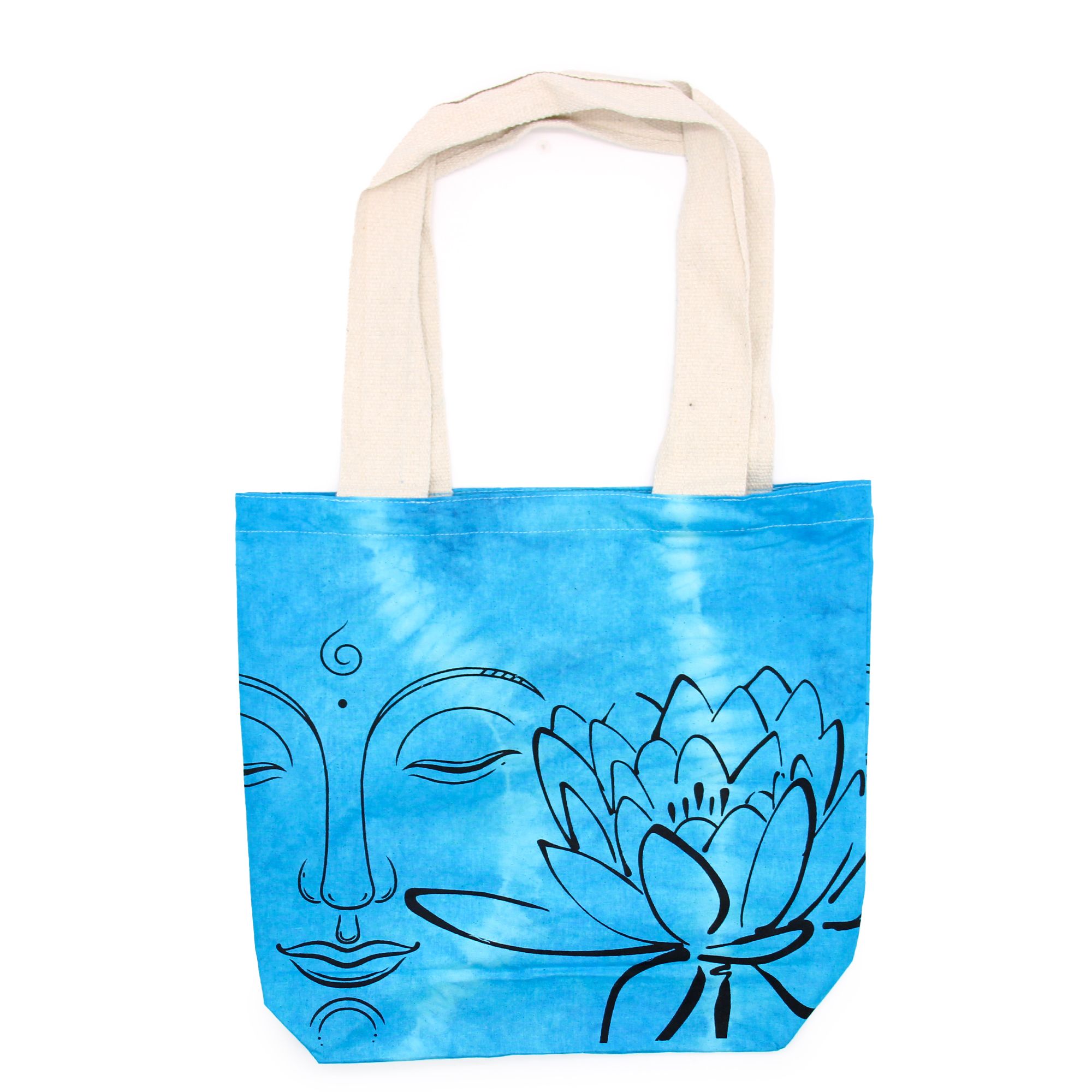 Tye-Dye Cotton Bag (6oz) - 38x42x12cm - Lotus Buddha - Blue - Natural Handle - Image 2