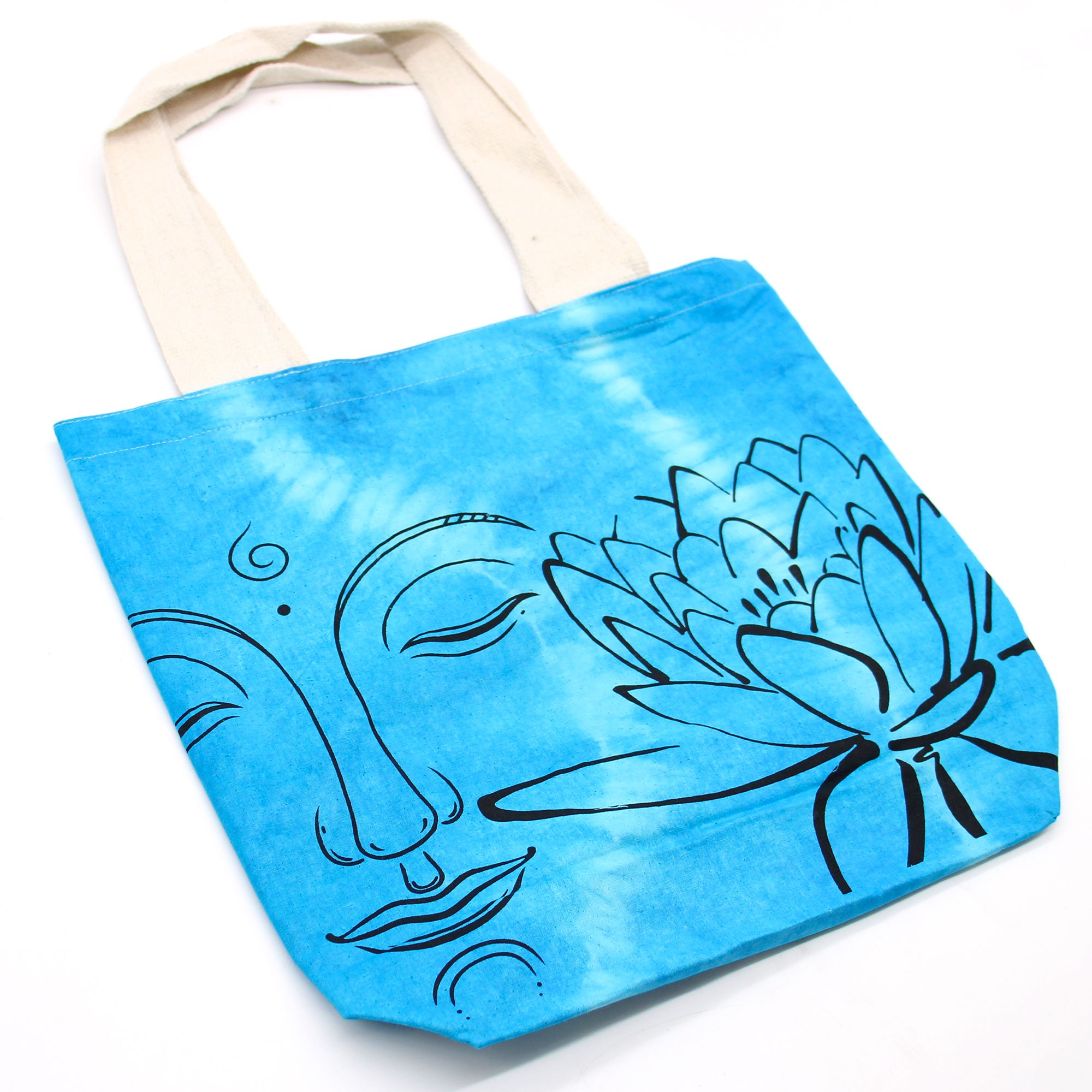 Tye-Dye Cotton Bag (6oz) - 38x42x12cm - Lotus Buddha - Blue - Natural Handle - Image 4