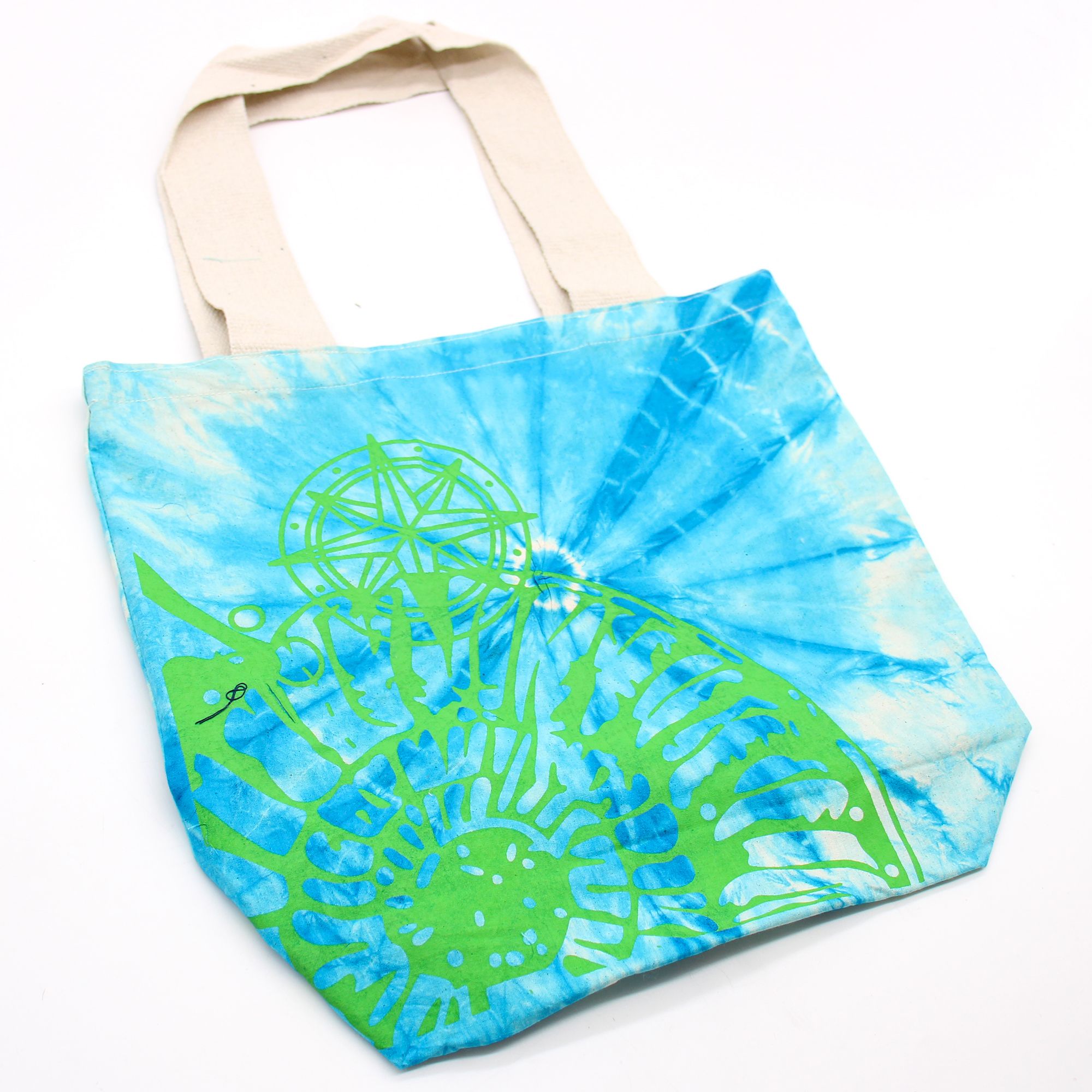 Tye-Dye Cotton Bag (6oz) - 38x42x12cm - Sea Shell - Blue/Green - Green Handle - Image 4